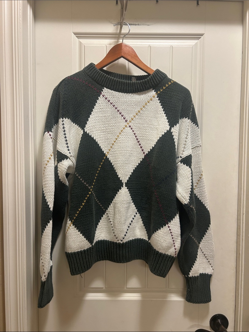 Vintage 90s Structure Green and White Argyle Crewneck Sweater